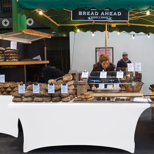 Nasitos 2 Pack White 6 ft Table Cloth Fitted-Open Back Spandex Table Covers Fabric Washable and Wrinkle Resistant Stretch Tablecloth for Parties, Wedding, Banquet, Jewelry Trade Show, Craft Fair - color: White, size: 6FT
