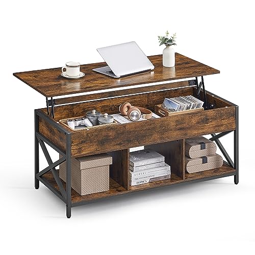 VASAGLE Lift Top Coffee Table, Lift Coffee Table with Storage Shelf, Hidden Compartments and Lifting Top, for Living Room, Office, 19.7 x 47.2 x (19.3-24.4) Inches, Rustic Brown and Black ULCT212B01 - color: Rustic Brown + Black, size: 47.2"W x 24.4"H