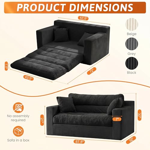 Erament Boneless Loveseat Sofa Couch, 2 in 1 Convertible Sofa Bed with Pillows, Fold Out Bean Bag Chair Boneless Floor Couch for Living Room Bedroom Office Lounge Apartment, No Assembly Needed, Black - color: Black, size: Loveseat
