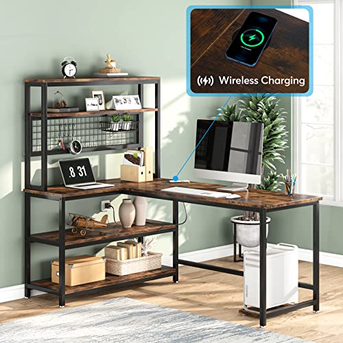 Tribesigns 55" Computer Desk Large Office Desk Study Table (Brown) | L-Shaped Writing Desk Workstation with Hutch, Wireless Charging, Open Storage Shelves, and Movable CPU Stand for Home Office - color: Brown