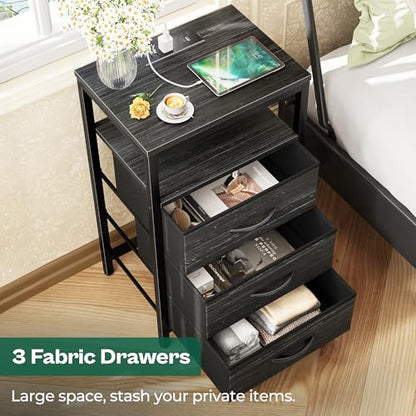 Huuger Nightstand with Charging Station, 27.6 Inch Bedside Table,Side Table | Night Stand with Fabric Drawers, End Table, Night Stand with Charger Station, Charcoal Black Wood Grain Print - color: Charcoal Black Wood Grain Print, size: 11.8"D x 15.7"W x 2