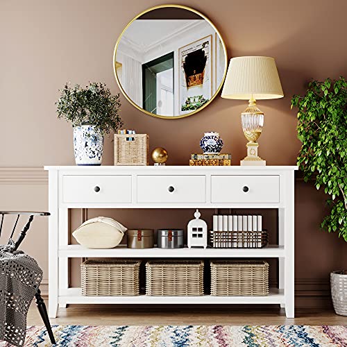 Modern Console Table, Pine Solid Wood Sofa Table with 3 Drawers and 2 Shelves, Entryway Table Sideboard Buffet Table for Living Room, 220 LBS Weight Capacity, Easy Assembly (Antique White-1) - color: Antique White-1