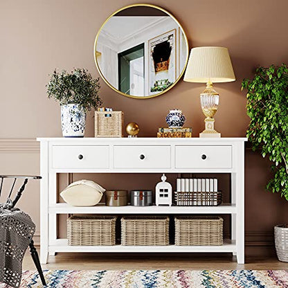 Modern Console Table, Pine Solid Wood Sofa Table with 3 Drawers and 2 Shelves, Entryway Table Sideboard Buffet Table for Living Room, 220 LBS Weight Capacity, Easy Assembly (Antique White-1) - color: Antique White-1