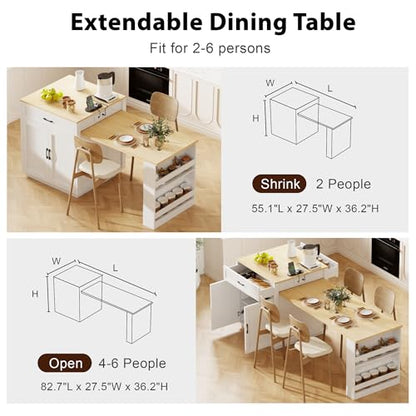 Kitchen Island, Extendable Dining Table with Power Outlet | Extendable dining table seats 2-6 guests, slides from compact prep island to family dining setup - color: White Oak + Natural Wood Grain Table + Mdf
