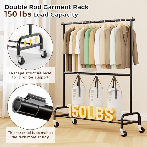 MISSLO Small Clothes Racks for Hanging Clothes and Double Rod Garment Rack with Wheels, 2 Pack