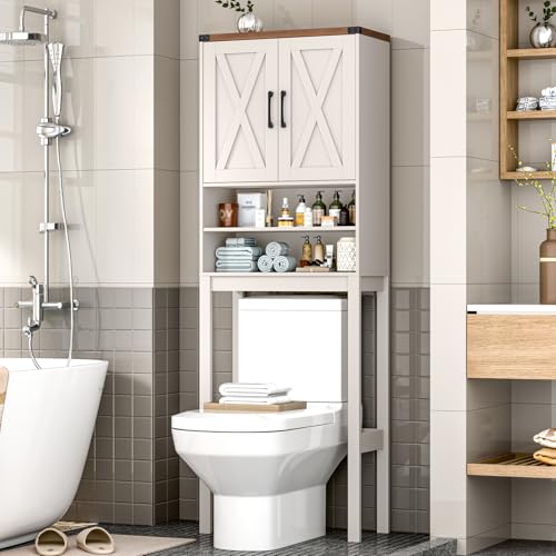 Vabches Over The Toilet Storage Cabinet with Adjustable Shelf, White | Bathroom Organizer with 2 Barn Doors, Farmhouse Space-Saving Toilet Rack for Bathroom, Toilet, Laundry Room - color: Unique White, style: Wooden frame