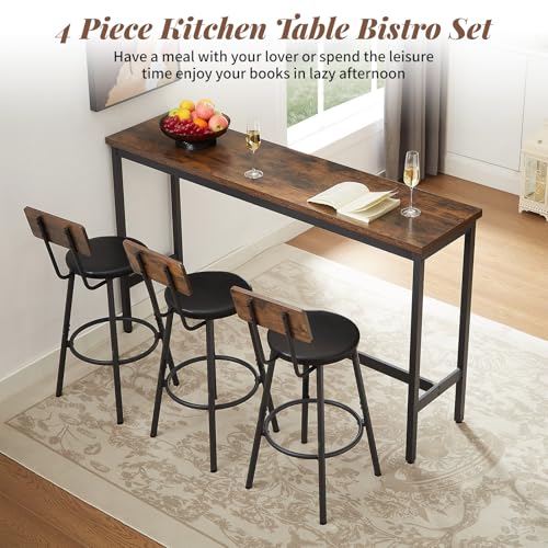 63” Long Bar Table Set for 3, Counter Height Industrial Pub Table with 3 PU Upholstered Bar Stools, Space-Saving Kitchen Breakfast Table and Chairs for Small Spaces, Rustic Brown and Black - color: Rustic Brown, style: Long bar table with stools/bar table