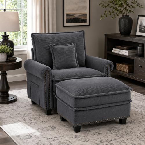 42-inch Nailhead Trim Sofa with Ottoman, Modern Corduroy Small Couch with Rolled Arms, Single Sofa Chaise Lounge for Living Room, Bedroom, Farmhouse Decor (Grey) - color: Grey