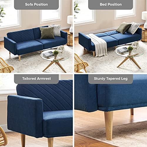 mopio 76.4" Futon Sofa Bed Chevron Styled, Sleeper Couch (Classic Blue Velvet) - color: Classic Blue Velvet