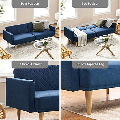 mopio 76.4" Futon Sofa Bed Chevron Styled, Sleeper Couch (Classic Blue Velvet) - color: Classic Blue Velvet