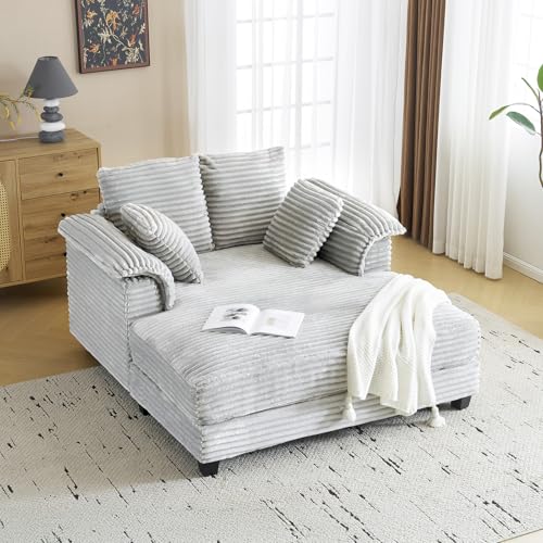 VINGLI 56" Oversized Chaise Lounge Chair, Light Grey Comfy Corduroy Chaise Sofa Recliner Bed Upholstered Sleeper Couch Bed with Throw Pillows and Armrests for Living Room, Movie Room, Bedroom - color: Light Grey, style: Modern