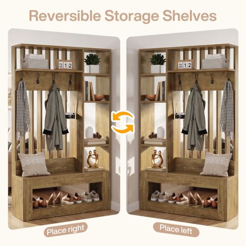 Tribesigns Wall Room Divider with Shelves and Coat Hooks, 5-in-1 Divider | Entryway Bench with Coat Rack, 4 Hooks, Freestanding Room Partition for Home & Office, Brown (39.37" W x 11.8" D x 70.87" H)