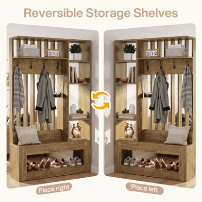 Tribesigns Wall Room Divider with Shelves and Coat Hooks, 5-in-1 Divider | Entryway Bench with Coat Rack, 4 Hooks, Freestanding Room Partition for Home & Office, Brown (39.37" W x 11.8" D x 70.87" H)
