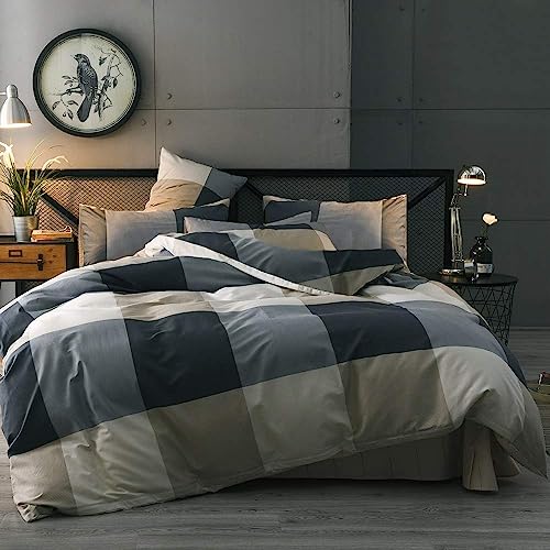 LifeTB Cotton Plaid Duvet Cover Full Size Geometric Print Checkered Bedding Set Breathable Soft 3 Piece Vintage Plaid Comforter Cover Grid Farmhouse Duvet Cover with 2 Pillowcases Check Bedding Set - color: A1# Plaid Checkered, size: Full (80"x90")