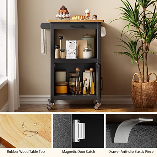Qsun Microwave Cart, Microwave Stand | Kitchen Island on Wheels, Rolling Kitchen Cart with Rubber Wood Countertop, Side Hook, Microwave Cart for Small Space - size: Black