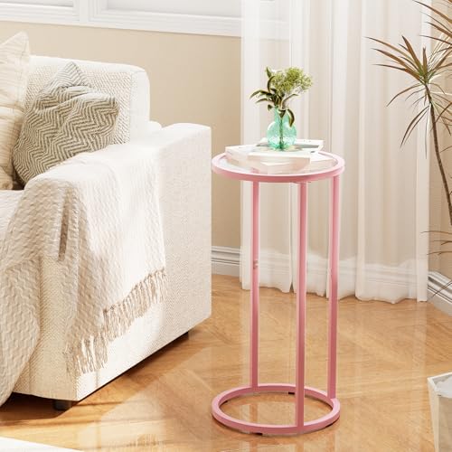 Easy Paws C Table Side End Table, Small Round Couch Sofa Tray Snack Table for Living Room, Bedroom,Accent Coffee Table,TV Tray Table for Small Space, Nightstand with Metal Frame(Pink) - color: Pink