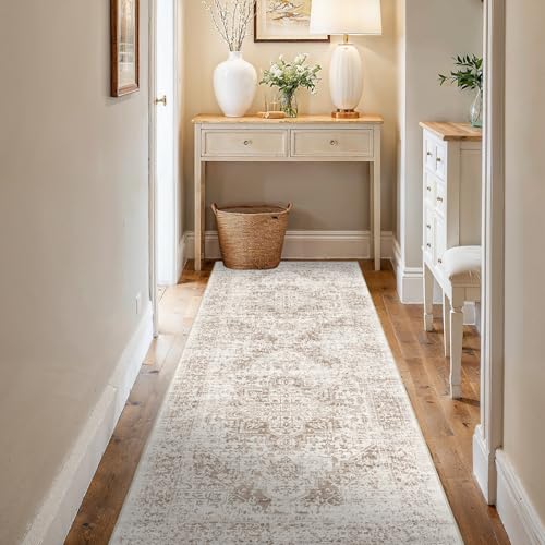 3x6 Washable Runner Rug: Vintage Medallion Kitchen Soft Rugs IvoryBeige | Non Slip Pet Friendly Water Resistant Low Pile Design Easy Clean Durable for Entryway Hallway and Indoor High Traffic Areas - color: Ivory/Beige, size: 3x6