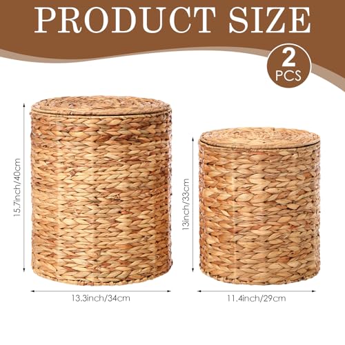 Novabright 2 Pcs Round Storage Ottoman with Lid 15.7" and 13" Natural Handwoven Water Hyacinth Footstool for Living Room Bedroom Entryway Bathroom Home Office