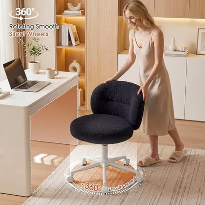 Homkdom Round Vanity Chair with Silent Wheels, 17.32" Wide Seat | Height Adjustable, 360 Swivel & Smooth Rolling, Armless Design for Makeup and Study - Black - color: Black