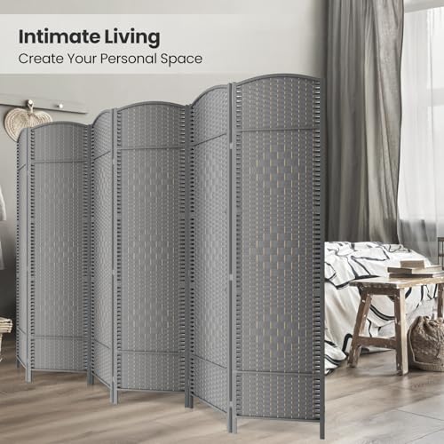 6 Panel Folding Room Divider,Woven Privacy Screen,Grey | Solid wood frame, handcrafted diamond pattern, 6FT tall, extends to 94.5 inches wide, no assembly required - color: Grey, size: 6-Panel