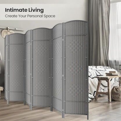 6 Panel Folding Room Divider,Woven Privacy Screen,Grey | Solid wood frame, handcrafted diamond pattern, 6FT tall, extends to 94.5 inches wide, no assembly required - color: Grey, size: 6-Panel