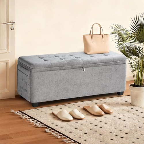 Gray Ottoman with Storage, 45 Inch End of Bed Bench with Pocket | 330 Lbs Capacity, Safety Hinge,Linen-Like Chenille Fabric, Hidden Storage Bench for Entryway, Living Room, Bedroom Footrest - color: Chenille-gray