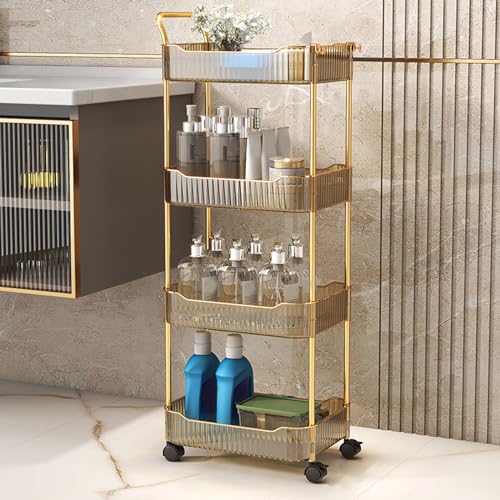 Acrylic Storage Trolley, Bathroom Kitchen Rolling Utility Cart Mobile Organization Shelves with Handle and Lockable Wheel(Gold,4Tier) - color: Gold, size: 4Tier