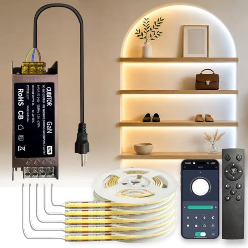 확산 CCT COB LED 조명 스트립, 5롤 x 9.1m(3.28피트), 2700K-6500K 조도 조절 가능, 스마트 변압기 지원 리모컨/앱/알렉사 음성 제어, 디스플레이 케이스, 책장, 주방 캐비닛 아래 DIY 조명 - color: 1.5롤 x 1.9m(3.28피트)