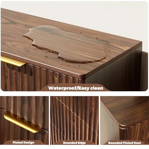 6-Drawer Dresser Fluted Drawers, Mid-Century, Walnut | 47.2"W x 15.4"D x 32.3"H, 130 lbs top / 40 lbs per drawer (7.7"H), 6 fluted drawers, gold handles, anti-tip straps - size: 15.4"D x 47.2"W x 32.3"H (6 Drawers)