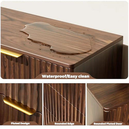 6-Drawer Dresser Fluted Drawers, Mid-Century, Walnut | 47.2"W x 15.4"D x 32.3"H, 130 lbs top / 40 lbs per drawer (7.7"H), 6 fluted drawers, gold handles, anti-tip straps - size: 15.4"D x 47.2"W x 32.3"H (6 Drawers)