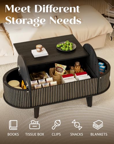 Oval Lift Top Coffee Table with Storage, Fluted 47" Wood Mid Century Modern Coffee Table for Living Room, Black - color: Black-oval (Flip Top)