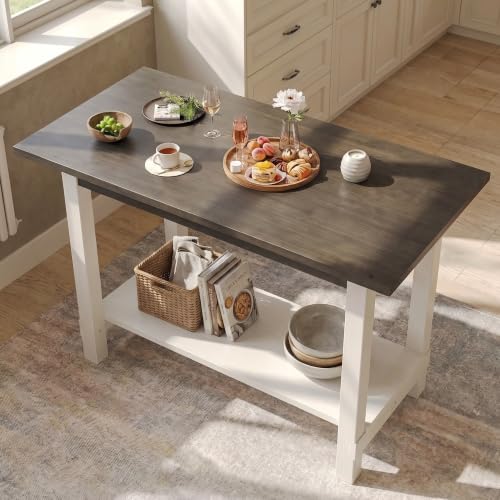 Kmax 47.25" Kitchen Island with Storage, Farmhouse Solid Wood Stationary Dining Table with Large Worktop, Modern Coffee Bar Table for Small Space, Rustic Brown and White - color: White- Brown