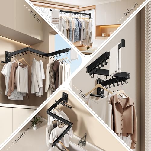 Wall Mounted Collapsible Clothes Drying Rack, Space-Saving Laundry Drying Rack Clothing Hanger, Durable Foldable Design Extends Left, Right & Up for Upgraded Versatility - style: Upgrde-Black Hooks