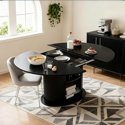 Wildhome Extendable Round Dining Table for 2-4-6, 63 Inch Dining Room Kitchen Table with 2-Tier Storage Shelf, Modern Farmhouse Fluted Wood Slide Door Dinner Furniture,Oval Circle,Black-63 Inch - color: Black-63 Inch