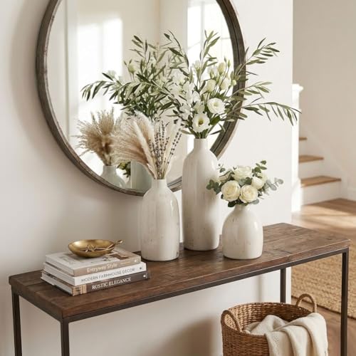 White Ceramic Vase Set of 3, Farmhouse Vases for Home Decor, Rustic Flower Vases for Living Room, Shelf, Kitchen, Mantel, Bedroom, Coffee Table, Office, Bathroom, Entryway Table Centerpiece Decor - color: White