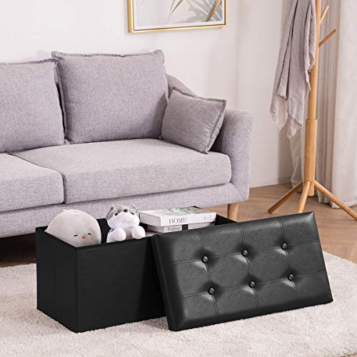 Youdesure 30" Ottoman with Storage, Folding Faux Leather Bench, Black | Foldable ottoman with hidden storage, padded seat and sturdy MDF frame for everyday use. - color: Black