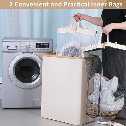 IEGrow Laundry Hamper with Lid,150L Laundry Basket with 2 Mesh Bags,Beige | Dirty Clothes Hamper Basket with Bamboo Handle for Clothes Towels - color: Beige, size: 150L
