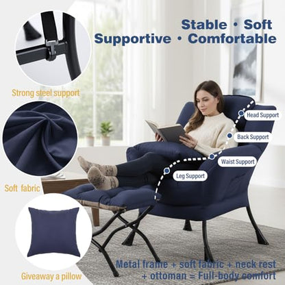 Lazy Chair with Ottoman, Comfy Reading Chair for Bedroom，Navy | Comfy Bedroom Accent Chair with Washable Removable Cover and extra throw pillow for Living Room Dorm - color: Peach Navy-1