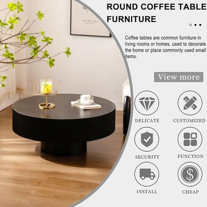 Round Fluted Drum Coffee Table with Pedestal Base | 30.9'' Modern Black Wooden Drum Center Table, Handcrafted Wood Fluted Edge, For Living Room & Apartment - color: Black Thick