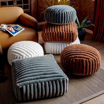 Round Unstuffed Pouf Ottoman Cover Storage Foot Rest, Gray | Cover Only, 20x20x8 In, Soft Short Plush, Ribbed Texture, Modern Style, Living Room, Bedroom, Reading Nook - color: Gray B