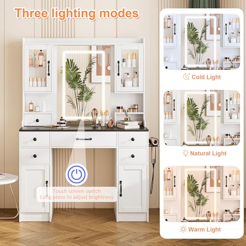 Vanity Desk with Mirror and LED Lights & Power Outlet | Large Makeup Vanity Table with 5 Drawers and 4 Storage Cabinets, White Dressing Table for Bedroom - size: 044 White