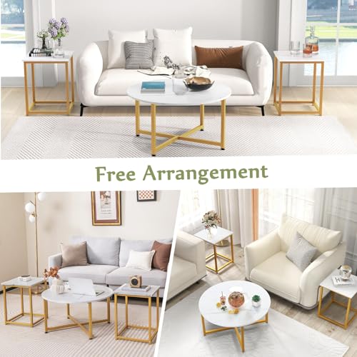 COSTWAY Coffee Table Set of 3, Round Faux Marble Coffee Table and 2 Square End Side Tables with Metal Frame, Modern 3-Piece Living Room Tables Set for Small Space, Apartment (White & Gold) - color: White & Gold
