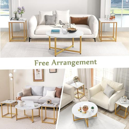 COSTWAY Coffee Table Set of 3, Round Faux Marble Coffee Table and 2 Square End Side Tables with Metal Frame, Modern 3-Piece Living Room Tables Set for Small Space, Apartment (White & Gold) - color: White & Gold