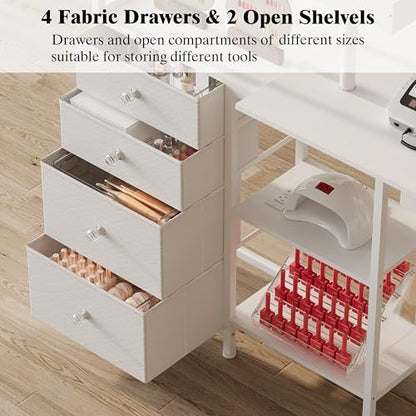 L-Shaped Manicure Table with Power Outlets,Nail Desk for Nail tech | Rotating Nail Workstation on Wheels with Charging Station,Nail Table with drawers & shelves for Home,Makeup Beauty Salon - color: White