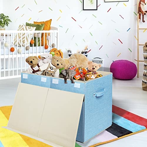 Large Toy Box Chest Storage with Flip-Top Lid, Kids Toy Storage Bin Boxes | Toy Chest with Rivets Handles for Kids, Boys, Girls, Nursery, Playroom, Living Room, Bedroom, 25"x 13" x 16" (Linen Blue) - color: Large Blue