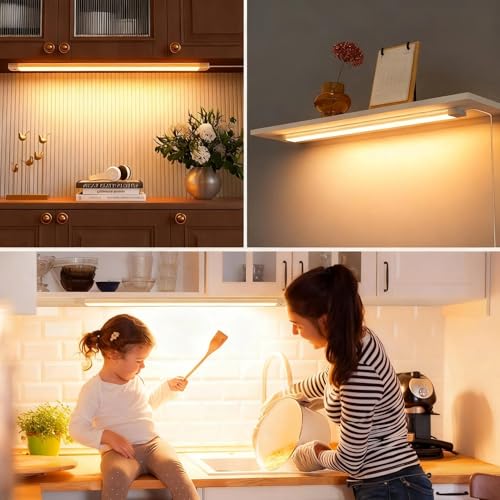 2Pcs 16 Inch Under Cabinet Lights with Hand Wave, Under Counter Lighting 3000K Warm White,Dimmable,Plug and Play,LED Lights for Kitchen Cabinet, Cupboard, Closet, Desk - color: 3000K-Warm White, size: 16inch-2Pack