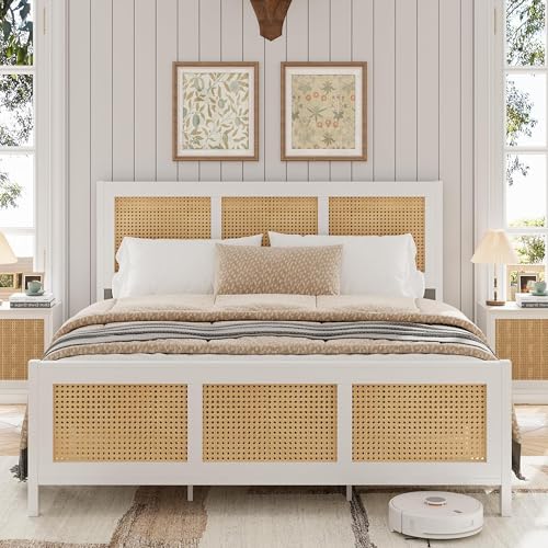 GarveeHome Rattan Full Size Bed Frame with Headboard, White | Boho Bed Frame with Strong Metal Slat, Noise Free, No Box Spring Needed - color: White/Natural, size: Full (No Drawers)