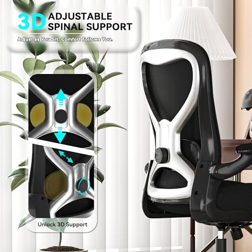 Ergonomic Home Office Chair, 4-Way Lumbar, Thick Cushion, 330LBS | Adjustable Lumbar (up/down/in/out), Rocking Mesh Back, Flip-up Arms, Easy Assembly, Ideal for home offices & small workspaces - color: Black With Finish Silver