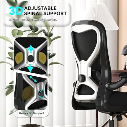 Ergonomic Home Office Chair, 4-Way Lumbar, Thick Cushion, 330LBS | Adjustable Lumbar (up/down/in/out), Rocking Mesh Back, Flip-up Arms, Easy Assembly, Ideal for home offices & small workspaces - color: Black With Finish Silver