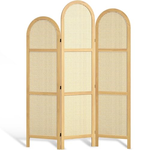 3-Panel Hand-Woven Rattan Room Divider, Tall Foldable Privacy Screen with Wooden Frame - Freestanding Portable Partition for Home Office, Bedroom, Bathroom(Natural-Wave) - color: Natural-wave